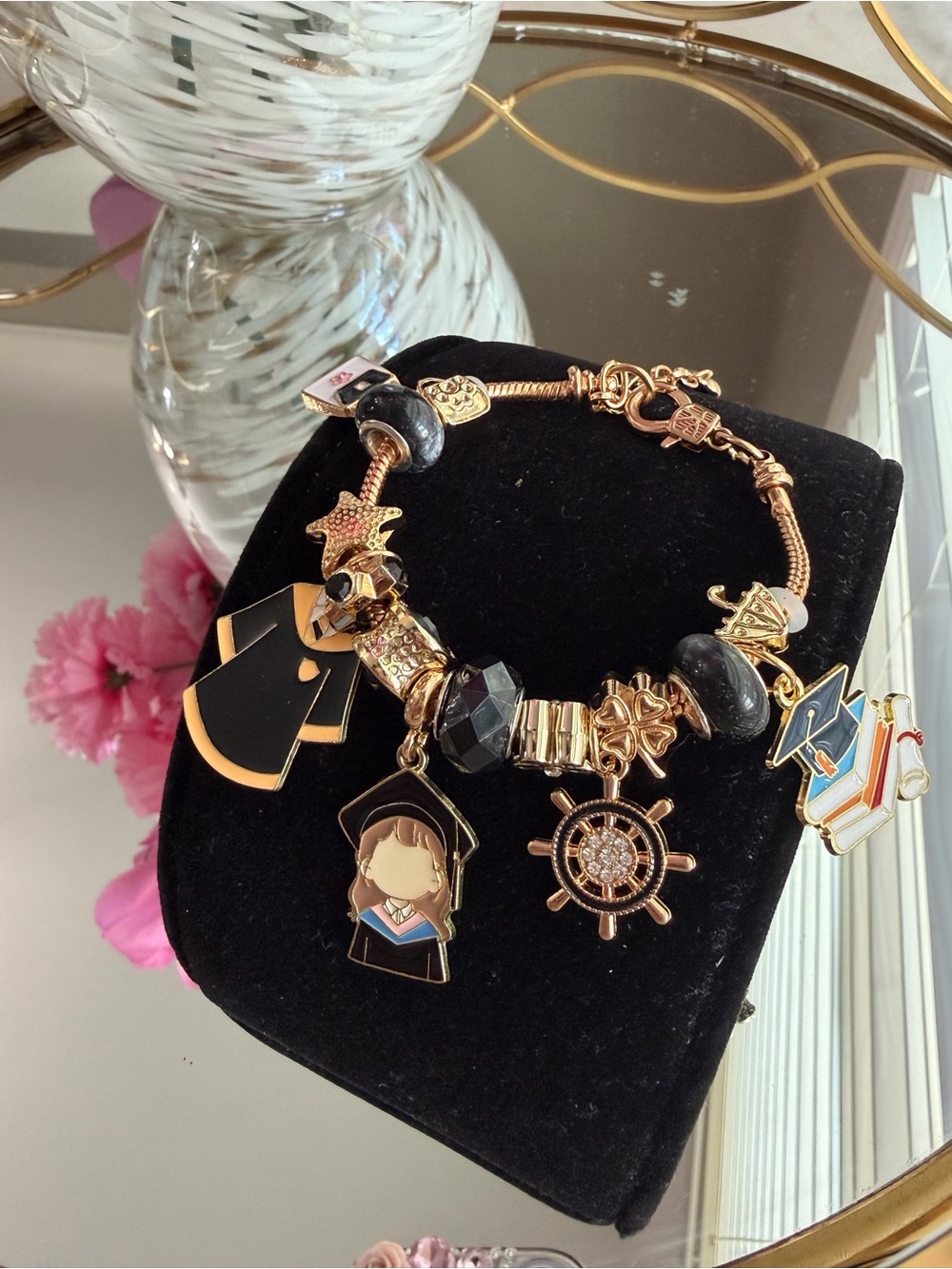 Graduation Charm Bracelet for  - Gold tone and Black